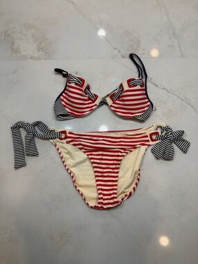 Nanette Lepore Red, Cream & Black Striped Tie-Side Bikini